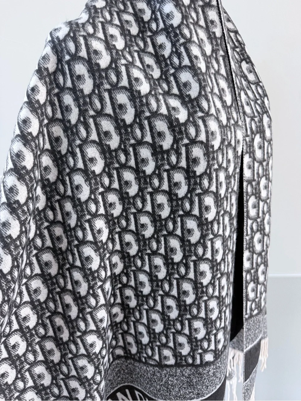 Dior Gray & White Logo Fringe Shawl